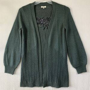 Mudd Cardigan Sweater Women M Green Embroidered Floral Cozy Cabin Open Front
